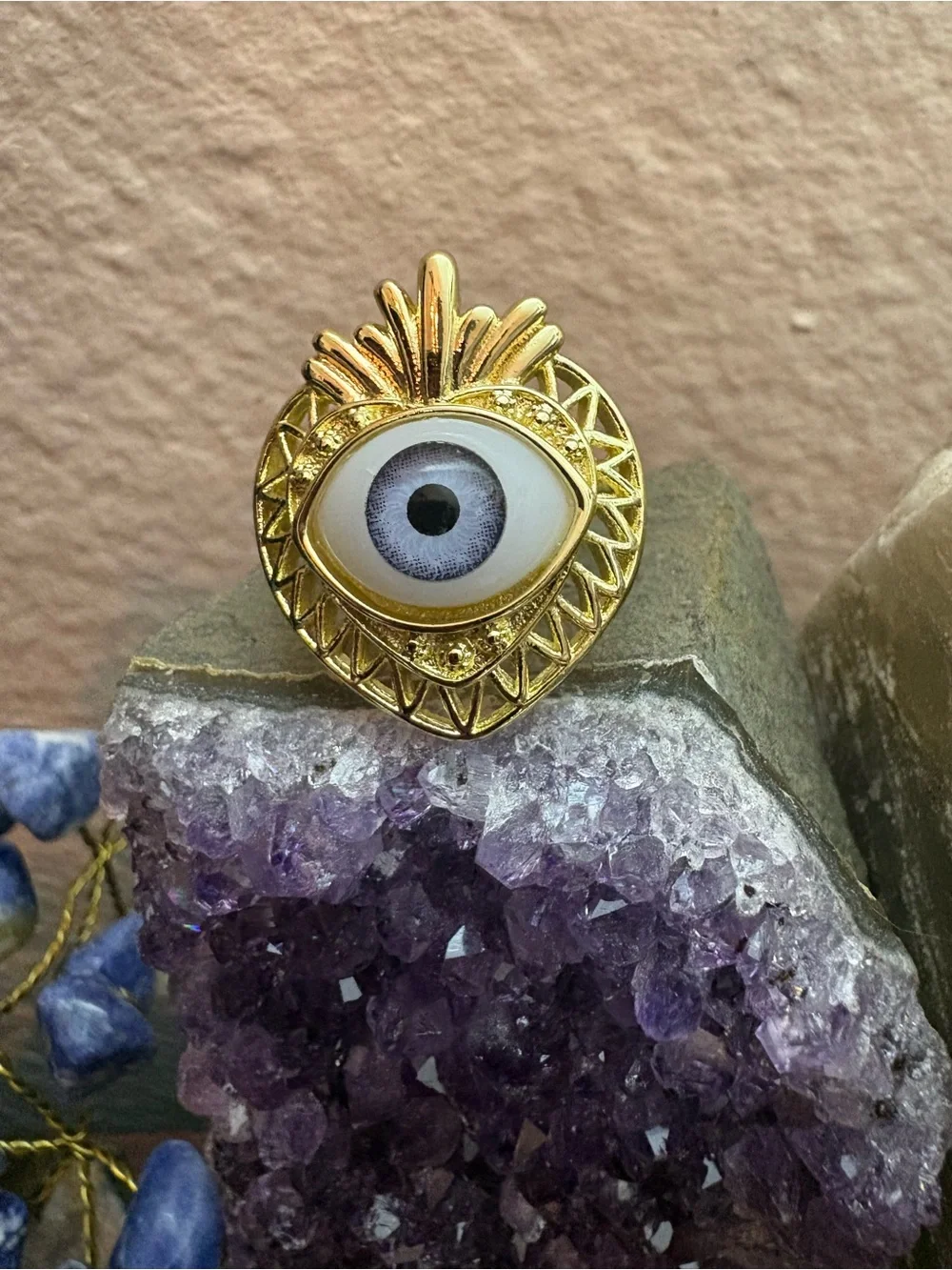 Gold Tone Evil Eye Statement Adjustable Ring